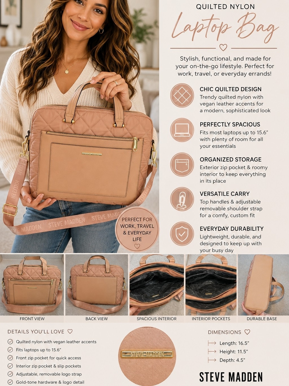 Steve Madden Quilted Laptop Tote in Blush Pink - Last Pic for callout On Handle
